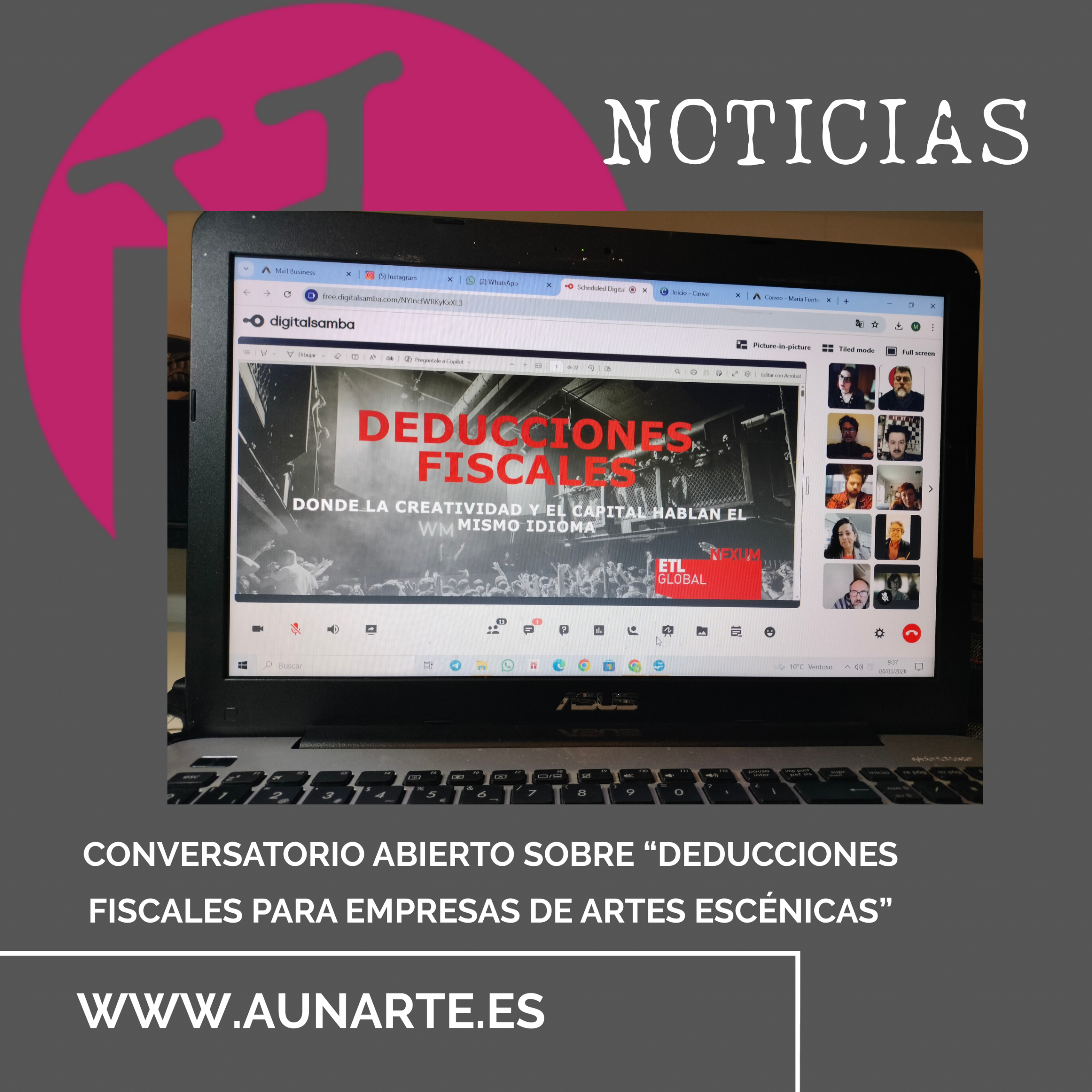 Lee más sobre el artículo Charla sobre deducciones fiscales a empresas de Artes Escénicas a cargo de ETL GLOBAL